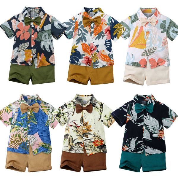 

kids boys summer clothing toddler gentleman floral shirt solid shorts outfits 2pcs children baby boy casual clothes sets, White