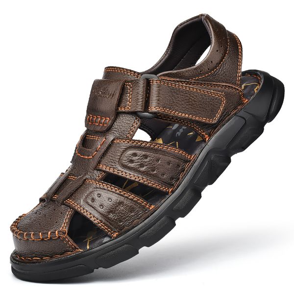 

summer mens sandals fashion mens sandals breathable genuine leather mens shoes summer outdoor sandals men beach sandals, Black
