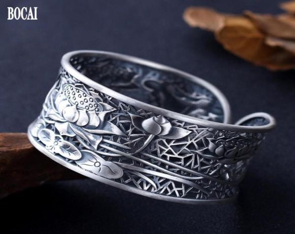 

real s999 pure silver matte female bracelet retro ethnic style wide face carved lotus adjustable for women bangle3388809, Black