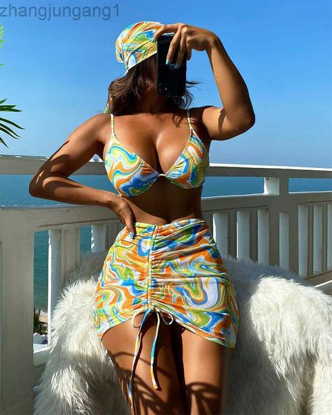 

designer bikini 2023 new four piece set swimwear tie dyed strap headband high waist triangle trouser belt half skirt swimwear, White;black