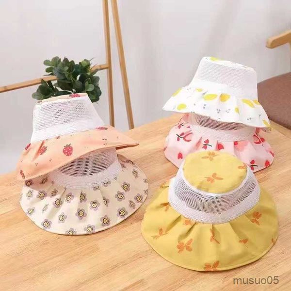 

caps hats summer children cotton cartoon bucket cap for boys printing baby girls sun hat windproof rope flower kids bonnet breathable, Yellow