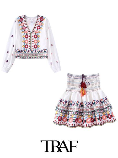 

two piece dress traf women 2pcs casual fashion v neck contrast embroidered long sleeves elastic skirt 230505, White