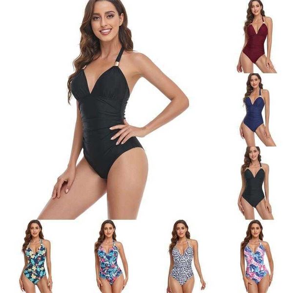 

womens one piece printed swimsuit drawstring halter swimming suit way, White;black