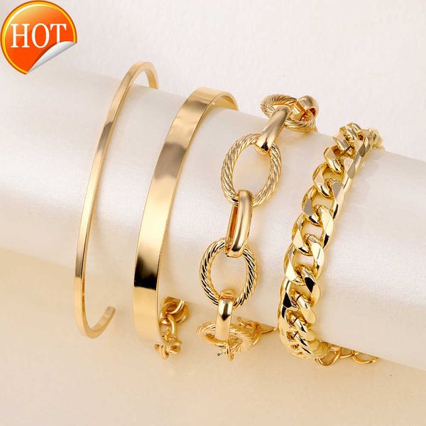 

4pcs punk heavy metal big thick chain bracelet set women retro geometric metal twist chain bangles bracelet fashion jewelry, Golden;silver
