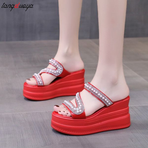 

red white pearl slippers heels summer women slippers sandals wedges pumps slides platform mules female womens casual shoes, Black