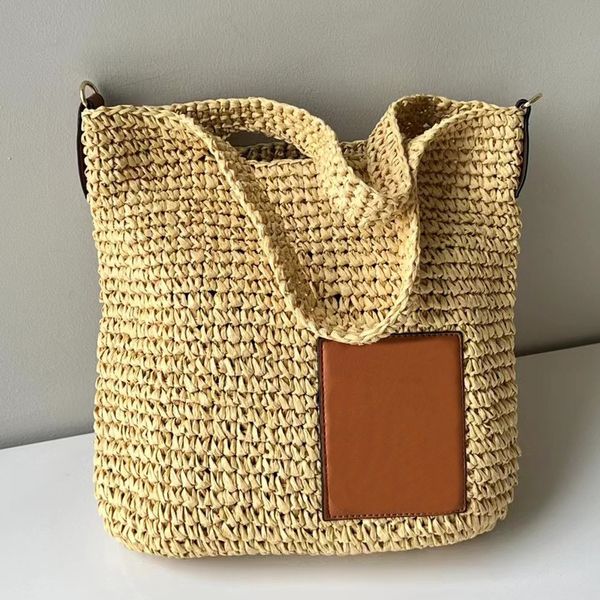 

woven straw bag casual handbags women shoulder bags raffia hollow out summer beach tote purse removable leather letter webbing strap travel