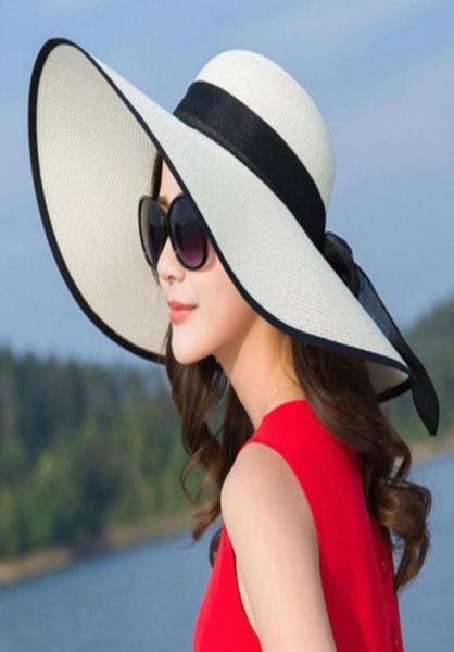 

summer straw visor hat wide brim uv protection beach women sun hats floppy shade bowknot folding panama cap2544648, Blue;gray