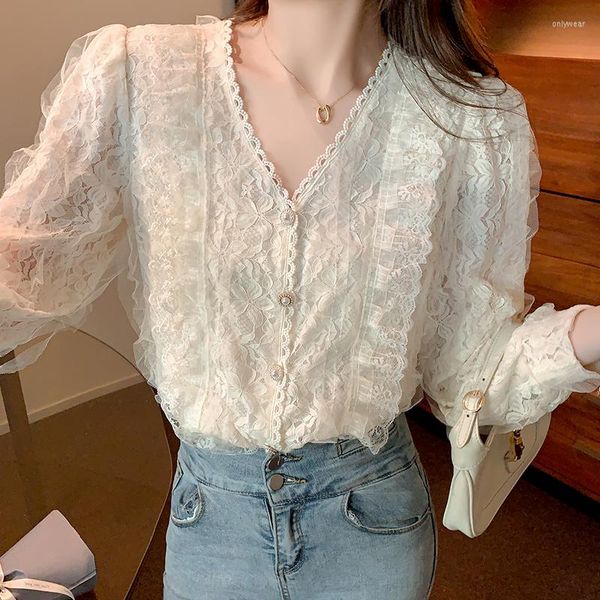 

Women' Blouses Elegant Tulle Lace Long Sleeve Women Blouse Korean Fashion V-neck Button Ladies Shirts Autumn Female Tops, Apricot