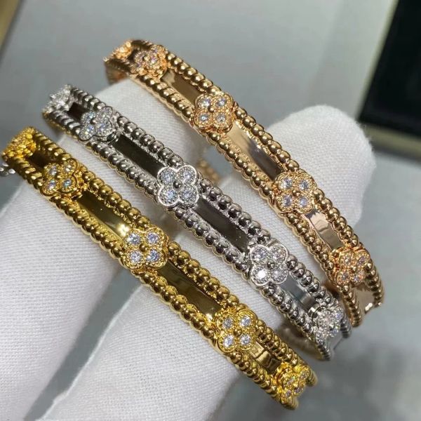 

designer clover bangle brand bracelets for women 18k gold plated full crystal four leaf perlee sweet flower cuff valentine party gift jewelr, Black