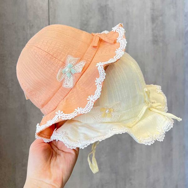 

stingy brim hats korean version baby girl bucket hat spring summer cotton breathable sun protection hat toddler lace bow princess hat j23050, Blue;gray