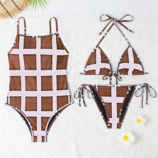 

Designer summer fashion sexy sun beach women' swimwear high-end BUR brand high waist strap Swimsuit Girls Bathing Set One-Piece Swim Clothing Bikini Bathers Suits, Brown