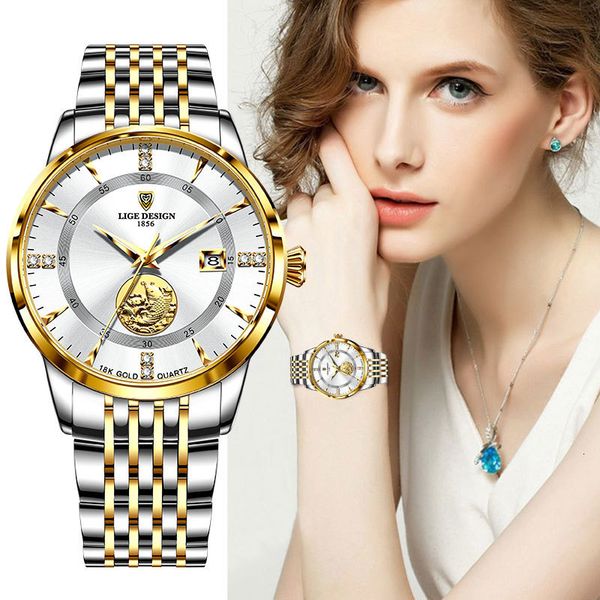 

womens watches lige women luxury brand fashion ladies elegant gold steel wristwatch casual female clock waterproof montre femme 230506, Slivery;golden