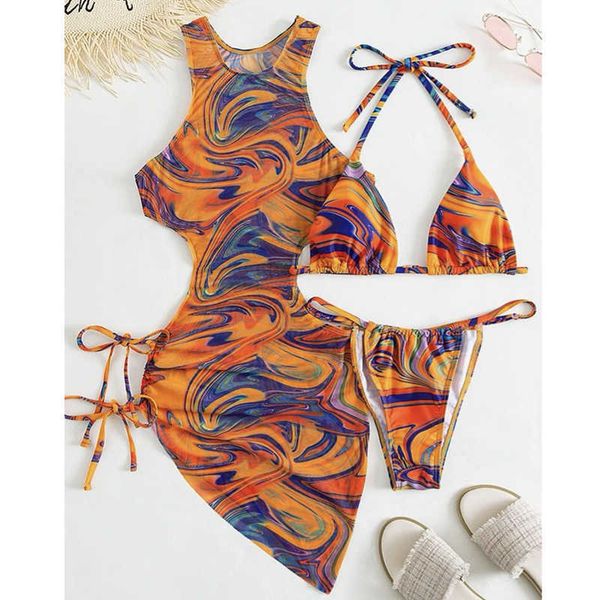 

women's swimwear 3 piece swimsuits for women padded floral print string bikini bathing suit set cutout high neck mesh beach cover up j2, White;black