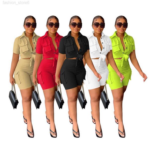 

designer spring tracksuits women outfits two piece sets short sleeve bandage shirt and shorts 2pcs matching sets casual solid suits active s, Gray
