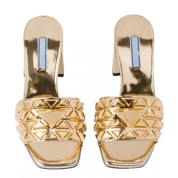 

triangle buckle chunky heel slipper medium thick heel womens slippers sandals classic decoration bling crystal high heels mule dress shoes s, Black