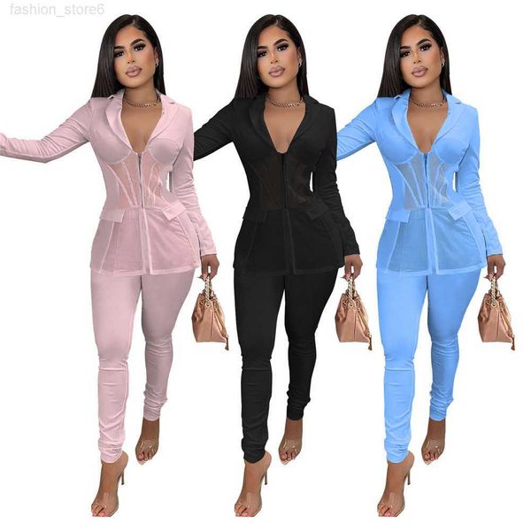 

wholesale tracksuits fall clothes for women two piece sets long sleeve mesh shirt and pants matching sets solid blazer trousers office lady, Gray