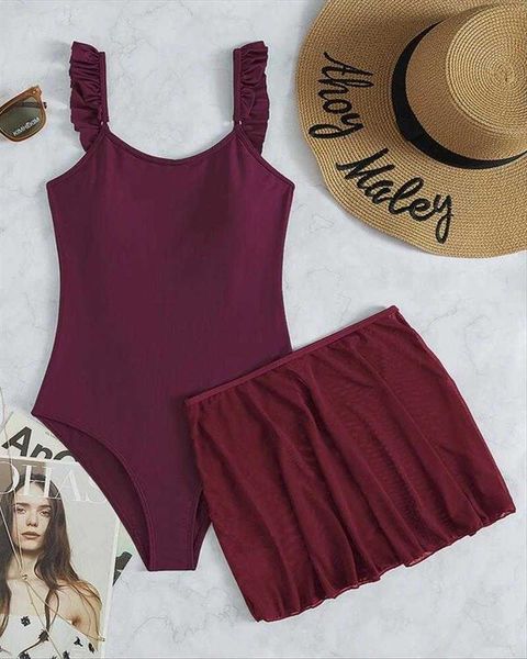 

swimsuit women bikini solid color one piece gauze skirt stylish beach, White;black