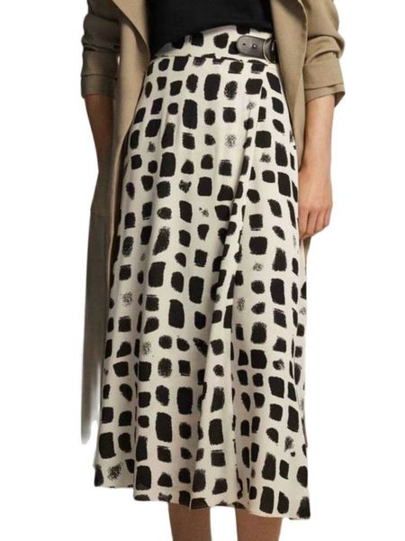 

skirts women casual summer chiffon spot printed a-line midi skirts office lady vintage high waist mid-calf long buckle streetwear 230506, Black
