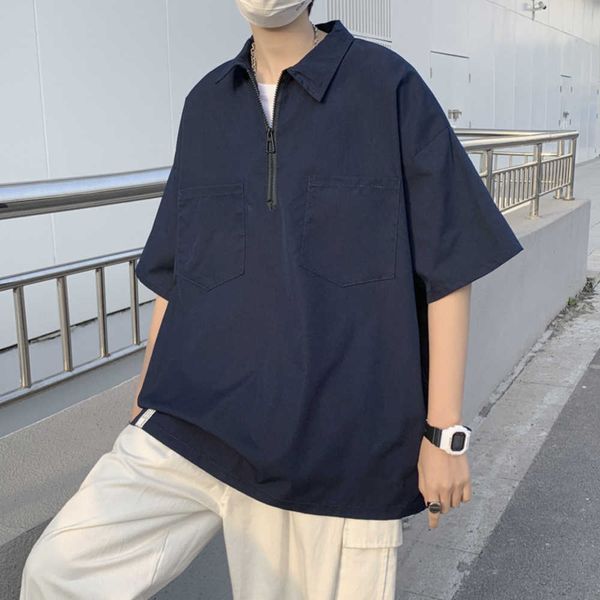 

men's casual shirts half zippered work suit short sleeved shirt for men's summer thin and handsome loose casual pullover with slee, White;black