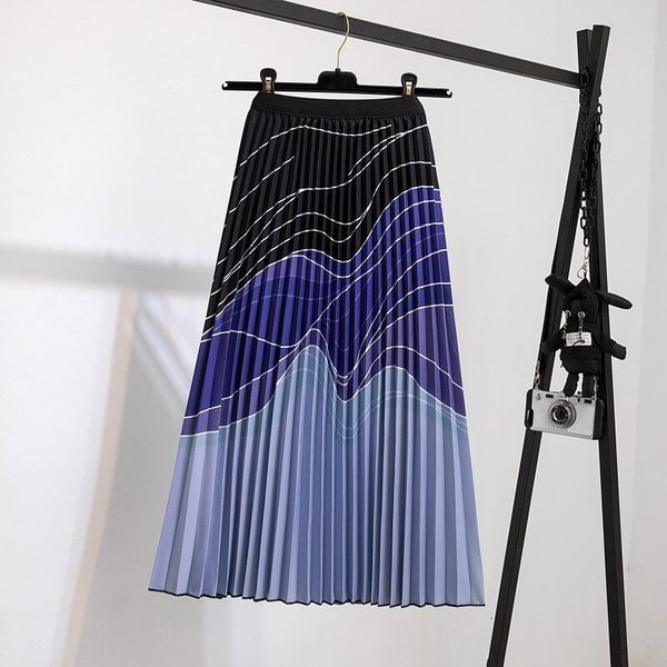 

skirts printed pleated skirt mid length pleated skirt corrugated printing elastic waist bohemian women's skirts 230506, Black