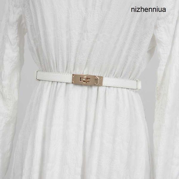 

hermm luxury belt korean version lock buckle pressing line cowhide adjustable thin for women s decorative suit jacket paired with skirt genu, Silver