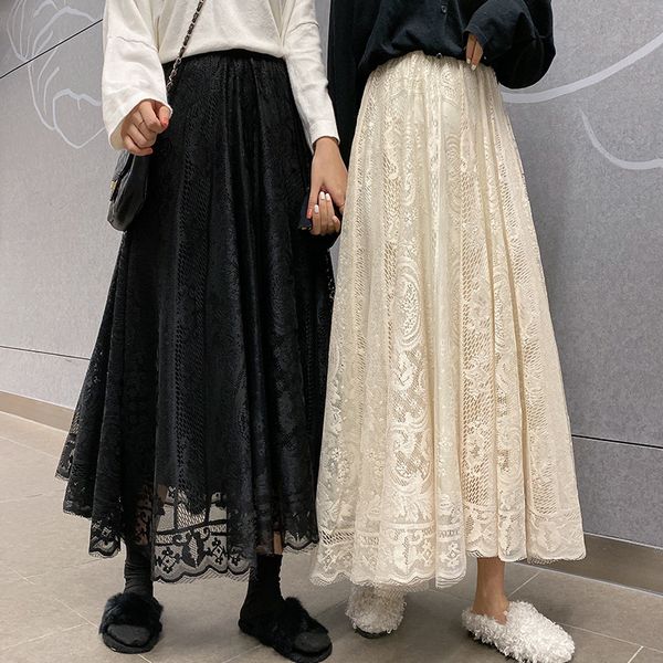 

skirts elastic high waist lace skirts women spring summer skirt korean elegant casual a-line black apricot long maxi skirts x091 230506
