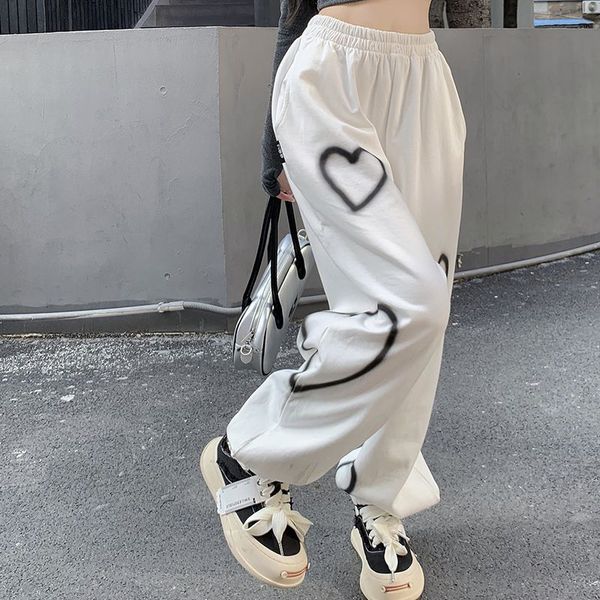 

women's pants casual heart print sweatpants summer hip hop high waist loose hallen vintage oversize straight trousers streetwear 230506, Black;white