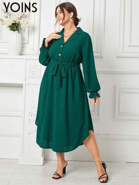 

plus size dresses yoins women plus size dress solid long sleeve autumn dresses belt lapel collar work ol vestidos elegant sundress streetwea, Black