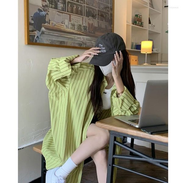 

Women's Blouses 2023 Arrival Summer Korean Style Women Loose Casual Turn-down Collar Long Sleeve Blouse Single Breasted Striped Shirts V26, Green