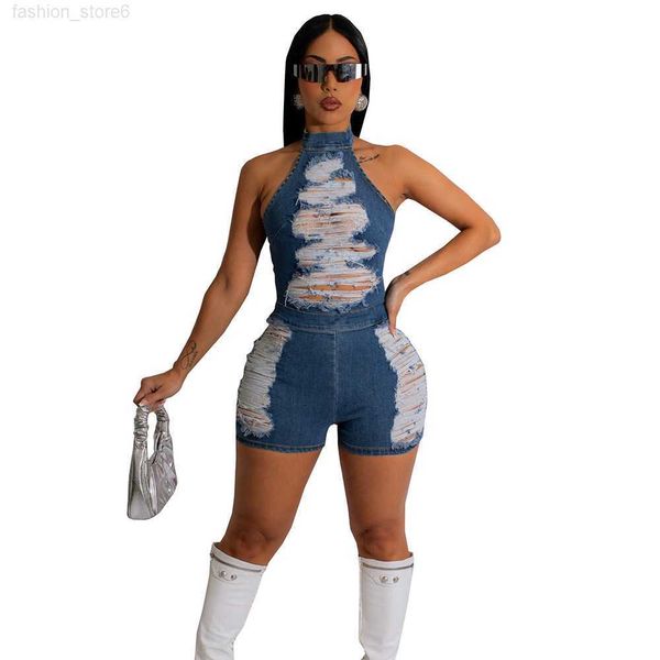 

designer denim rompers women halter backless jumpsuits ripped distressed skinny shorts romper fashion street wear one piece overalls wholesa, Black;white