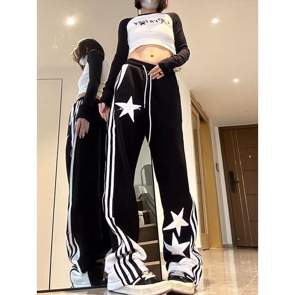 

women's pants s trendy star pattern design vintage casual pants 2023 spring and summer hiphop streetwear straight loose pant 230506, Black;white