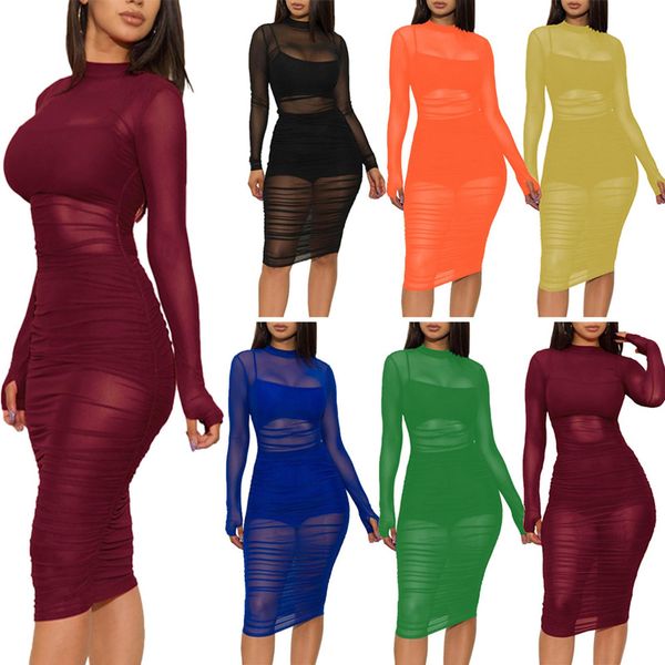

dress solid color see through mesh short mini dress women three piece suit set female long sleeve dress vest shorts outfits for summer, White