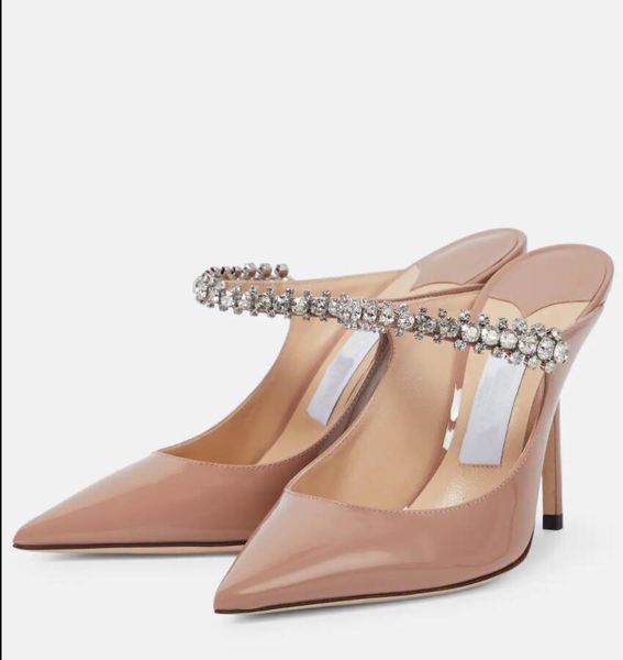 

luxury designer dress shoes women sandal bing heel mules sandals jewel strap high heel crystal-strap patent leather and pointe toe slipper s, Black