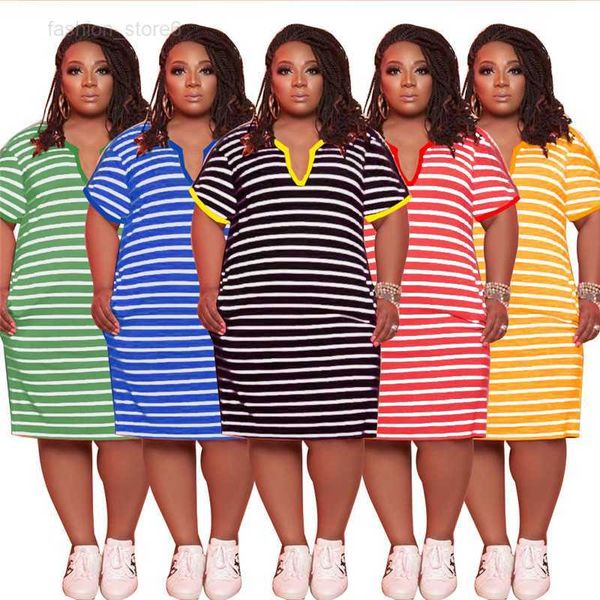 

3x 4xl 5xl women plus size dresses summer one-piece dress short sleeve loose knee-length skirts casual striped midi skirt bigger sizes cloth, Black;gray
