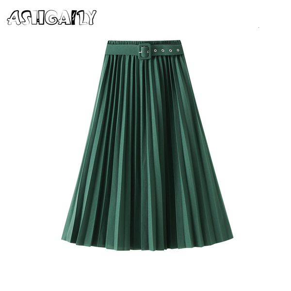 

skirts ashgaily long skirts with belt high waist pleated skirt women solid color elastic half length elastic elegant autumn skirt 230506, Black