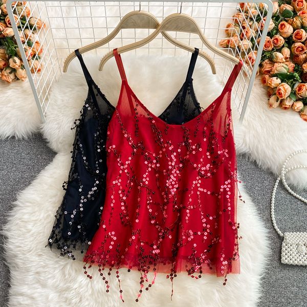

camisoles tanks summer v-neck sparkle vest girl fashion club loose spaghetti strap camisole women sequins slip 230506, Black;white