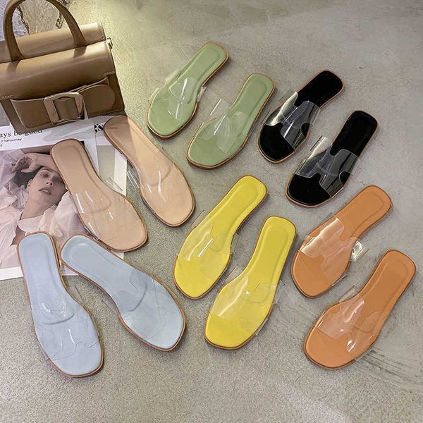 

2020 summer new shoes one word fashion korean version transparent jelly sandals flat bottom women's square head slippers women, Black