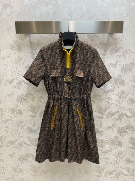 

2023 runway fashion summer high neck short sleeve big pocket dress women loose casual drawstring patchwork dresses, Black;gray