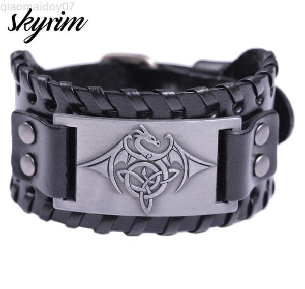 

skyrim viking dragon amulet metal crafts vintage bracelets men wristbands nordic national totem leather band l2208126004761, Black