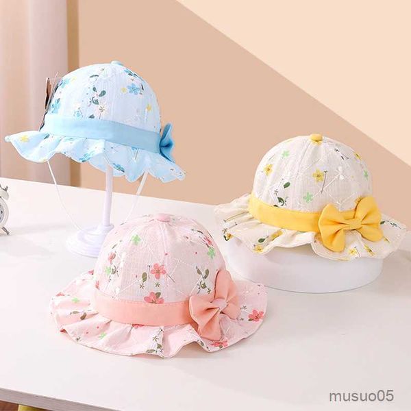 

caps hats cute bowknot baby bucket hat flower print baby boys girls sun hat wide brim kids princess fisherman caps gorras, Yellow