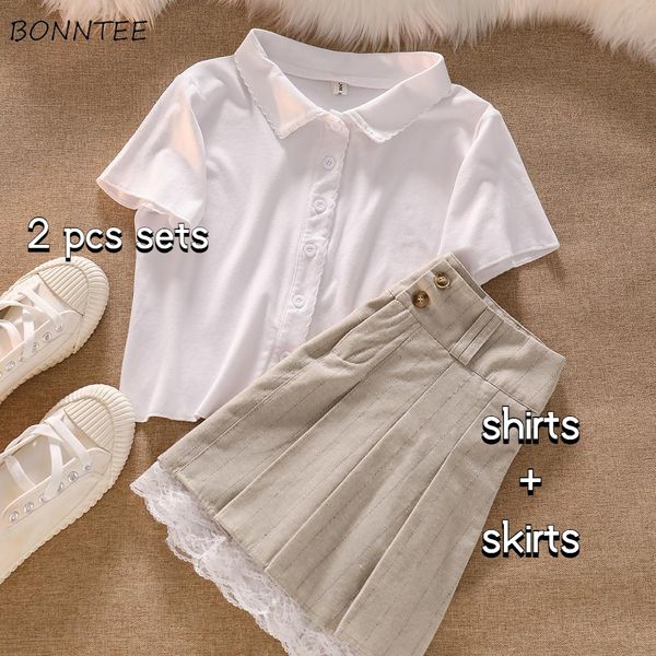 

two piece dress sets women preppy style simple allmatch turndown collar shirts lace pleated mini skirts 2 pieces students korean sweet summe, White