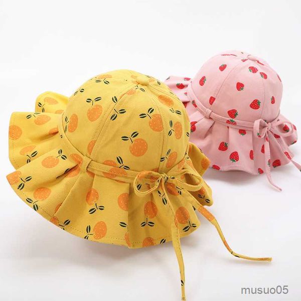 

caps hats summer baby bucket hat flower fruit print bowknot kids girls sun hats outdoor infant toddler beach cap, Yellow