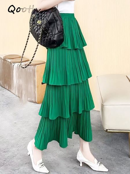 

skirts qooth spring summer women fashion layered high-waisted skirts casual solid color cake skirt qt1683 230506, Black