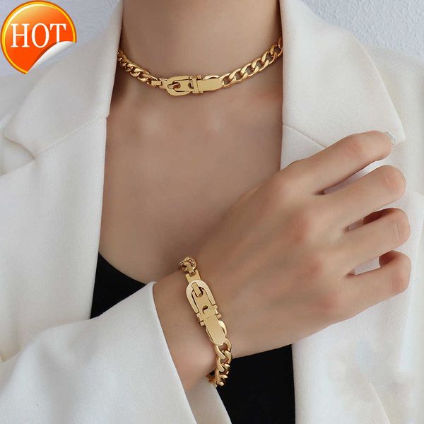 

new arrival hip hop 18k gold plated stainless steel cuban chain link jewelry set bracelet necklace for women, Silver