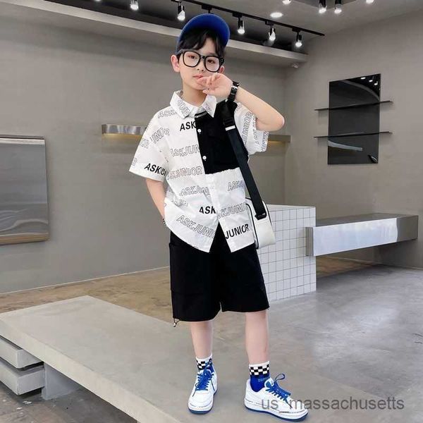 

clothing sets 2023 teens new summer baby boy japanese suit fashion kid boys all-match letter plaid short-sleeved shirt and shorts, White