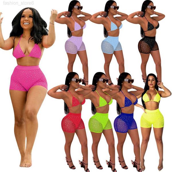 

2023 designer two piece swimsuits women tracksuits sequins outfits summer bra and shorts swimwear female mesh bathing suits beachwear wholes, Gray