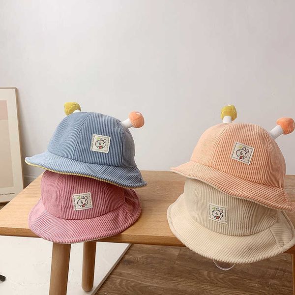 

stingy brim hats cute baby bucket hat with ears autumn winter corduroy warm kids fisherman cap cartoon toddler children sun hats j230505, Blue;gray