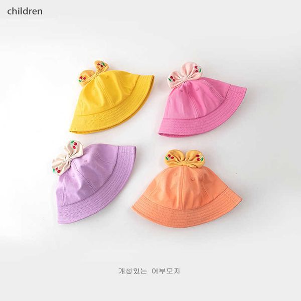 

stingy brim hats new korean style bow children girls spring summer bucket caps sun hats cute girls kids baby cotton kawai fisherman caps hat, Blue;gray