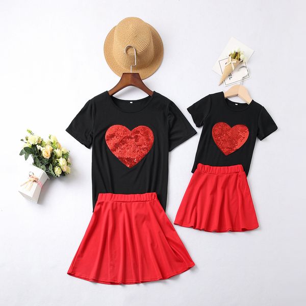

family matching outfits summer fashion sequin love t-shirt parent-child mother-daughter skirt mother girl t-shirt skirt 2pcs family suit 230, Blue
