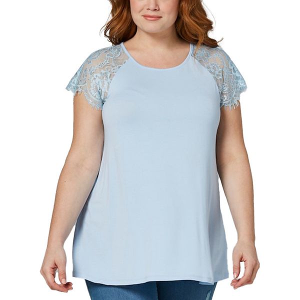 

women's plus size tshirt spring summer womens clothing round neck solid color classic pullover patchwork lace short sleeve casual 23050, Black